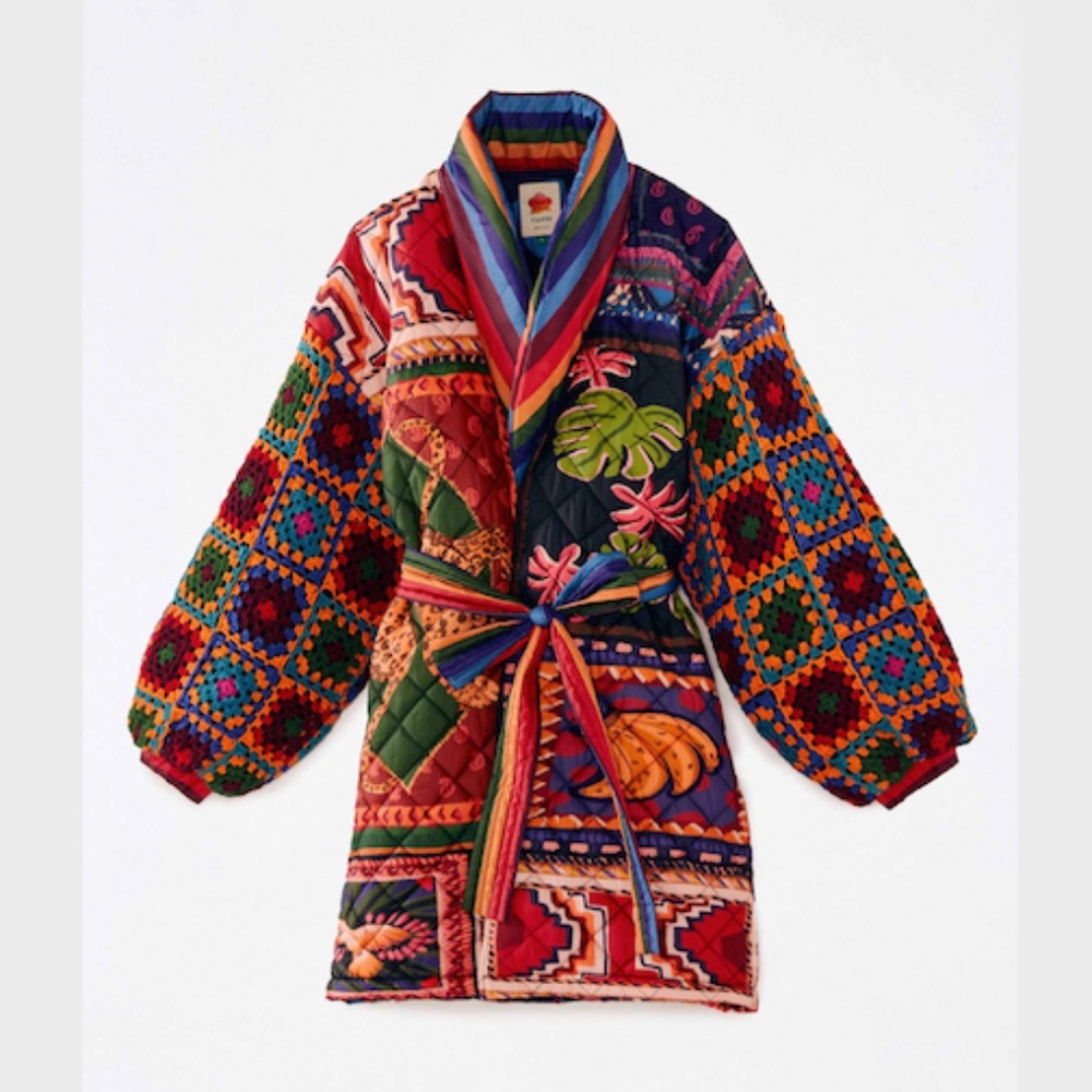 Farm Rio Patchwork Tapestry Crochet Puffer Jacket Size L - Picture 3 of 13
